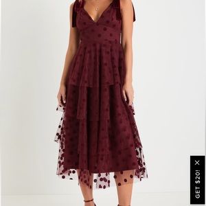 Lulu’s | Sweet Charisma Burgundy Polka Dot Tiered Tie-Strap Midi Dress | Large